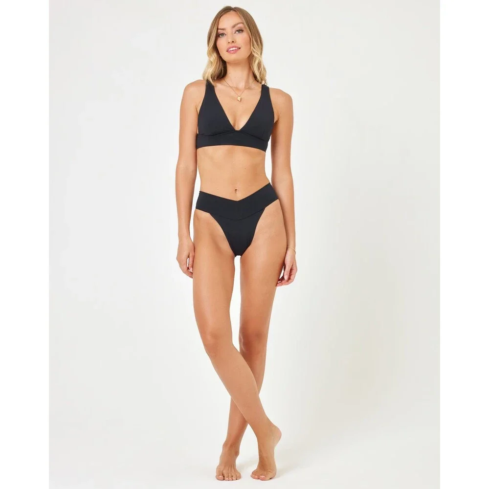 L*Space Quinn Bikini Bottom Womens Medium Black Stretch V Front Swimwear GBO2760